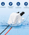 Solar Cable Entry Gland With 10 Ft 10 AWG Soft Copper Cable UV Resistant Dual Cable Entry Housing submerged in water with icons above.