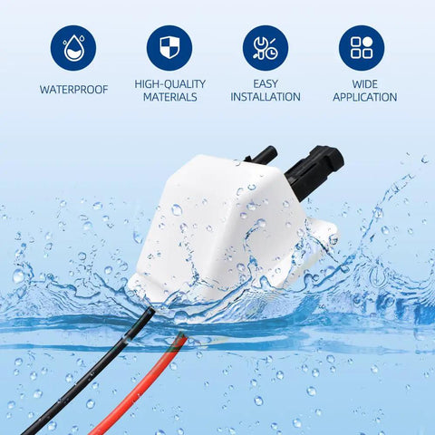 Solar Cable Entry Gland With 10 Ft 10 AWG Soft Copper Cable UV Resistant Dual Cable Entry Housing submerged in water with icons above.