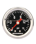 MeasureMan 1.5-inch black dial liquid-filled fuel pressure gauge, 0-15 psi, 1/8 in NPT, front view