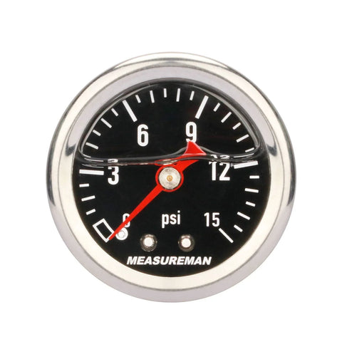 MeasureMan 1.5-inch black dial liquid-filled fuel pressure gauge, 0-15 psi, 1/8 in NPT, front view