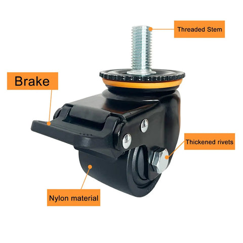 Beefy Heavy Duty Industrial Caster Wheels With Top Plate Swivel And Brakes, close-up on brake mechanism and threaded stem