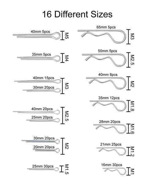Image showing 16 different sizes of cotter pins from the All In One 260 Piece Cotter Pins Kit With 16 Sizes Premium 304 Stainless Steel Hardware Pins Set For Automotive Trailer Hitch Lawn Mower And More Durable Hitch Clip Assortment In Sturdy Plastic Box.