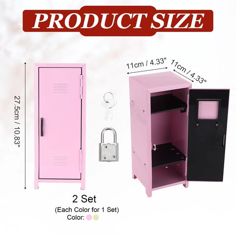 Amp Up Your Desk Setup With This Super Cute Mini Metal Locker Set Of Two Compact Desktop Money Safe With Lock Keys Premium Gloss Stash Box For Cash Jewelry Snacks Light Pink And Yellow, showing product dimensions and features.