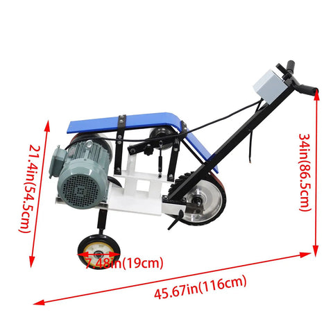 Heavy Duty Hand Push Belt Sander 75 To 82 Inch Flatbed Grinding Polishing Machine with 4KW motor, dimensions visible.