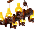 Rustic 6 Light Wooden Glass Barn Chandelier Hanging Ceiling Lamp Fixture Vintage Industrial with warm yellow glow.