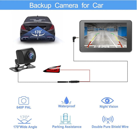 Backup camera system with 170° wide-angle view on car screen, showing parking assistance for 7 Inch Portable Wireless CarPlay Screen For Your Ride, Touchscreen Double Din Car Stereo With Apple CarPlay And Android Auto, GPS, Voice Control, Mirror Link, Bluetooth Hands Free, Multimedia Player For Vehicles in use.