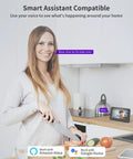 Woman using smart assistant with Indoor Security Camera And Baby Monitor All In One 1080P HD WiFi Setup on kitchen counter