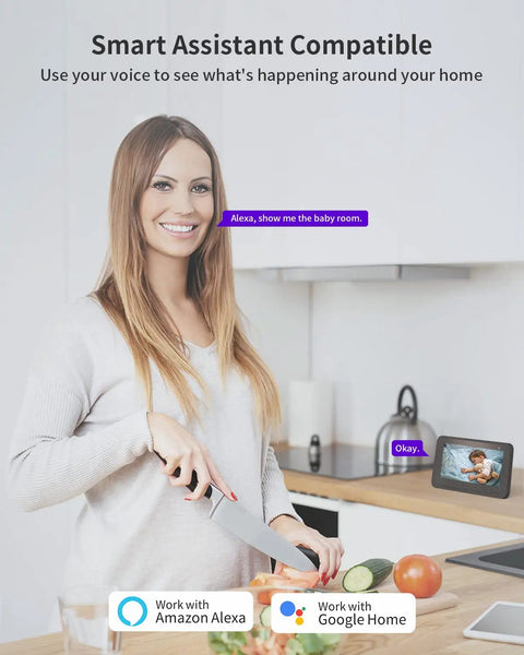 Woman using smart assistant with Indoor Security Camera And Baby Monitor All In One 1080P HD WiFi Setup on kitchen counter