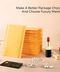 Kraft Bubble Mailers 4x8 Inches 50 Pack Self Adhesive Padded Envelopes with jewelry, cosmetics, and cards nearby on a table.