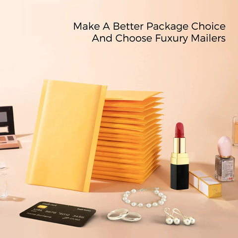 Kraft Bubble Mailers 4x8 Inches 50 Pack Self Adhesive Padded Envelopes with jewelry, cosmetics, and cards nearby on a table.