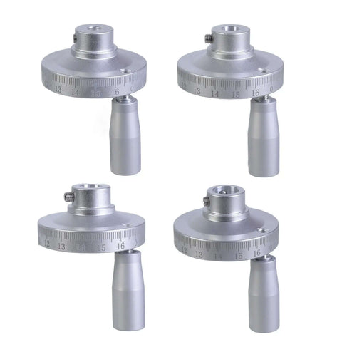Aluminum Revolving Handwheel for Machinery and Industrial Apps With Engraved Scale Markings, shown in four different angles.