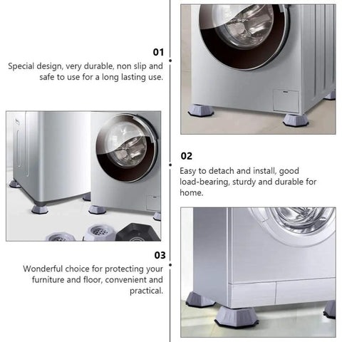 Four Pack Washing Machine Pads Anti Slip Feet For Vibration And Noise Reduction installed on washer, gray non-slip durable pads