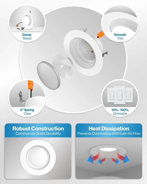 Exploded view of 4 Inch LED Recessed Lighting Kit Pack Of 10 Dimmable Smooth Trim Downlights 4000K Cool White 11W Equals 60W 660 Lumens