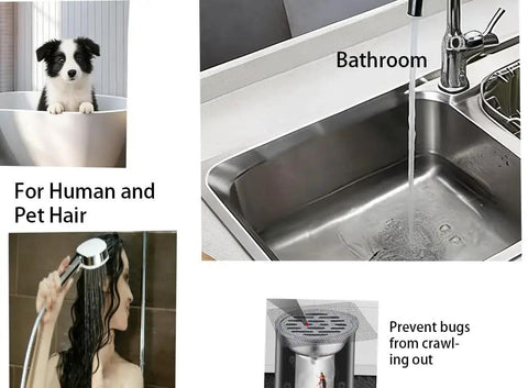 100 Pcs Disposable Shower Drain Hair Catchers Mesh Adhesive Covers Snags Human And Pet Hair Stops Clogs Dead In Its Tracks A Legit Game Changer Peel And Stick Bathroom Essential displayed in a bathroom with dog and sink.