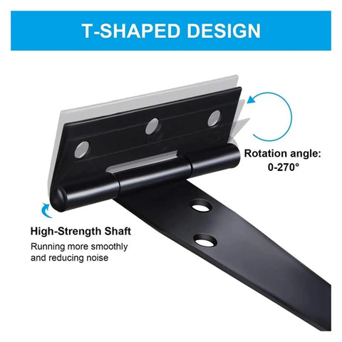 Close-up of Six Pack 4 Inch T Strap Hinges with 270° rotation and high-strength shaft, built tough rustic black for windows, fences.