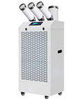 Heavy Duty Portable Air Conditioner With Three Slick Adjustable Nozzles For Workshops And Warehouses Featuring No Sweat Digital Remote Quick Chill Compressor Temp Fan Speed And Timer, white mobile AC unit with digital control panel.