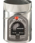 Round 8 Inch Automatic Damper With Galvanized Steel Single Blade Tight Seal For Minimal Leakage Power Closed Spring Return Open For Zoning Systems And Fresh Air Intake For Attic Or Fresh Air Applications, showing Honeywell branding and control dial.