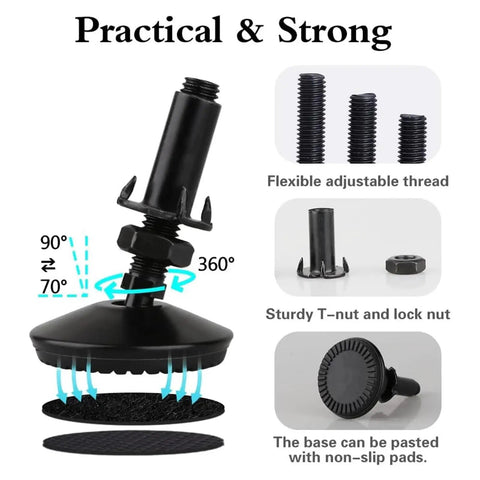 Diagram of 50mm Diameter Adjustable Leveling Feet Heavy Duty Levelers For Furniture Tables And Chairs Rugged Rust Resistant Construction Easy Height Adjustment Strong Load Bearing Keeps Floors Level 4 Pack showcasing flexible thread and non-slip base.