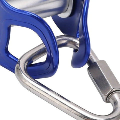 Close-up of Heavy Duty Zip Line Pulley Kit With Quick Setup Trolley featuring blue pulley and silver carabiner components