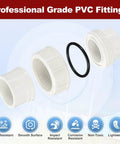 3 Pack One Half Inch PVC Union Coupling Fittings Sch 40 Socket To Socket Slip Union Adapter for pipe connection, white set, disassembled view.