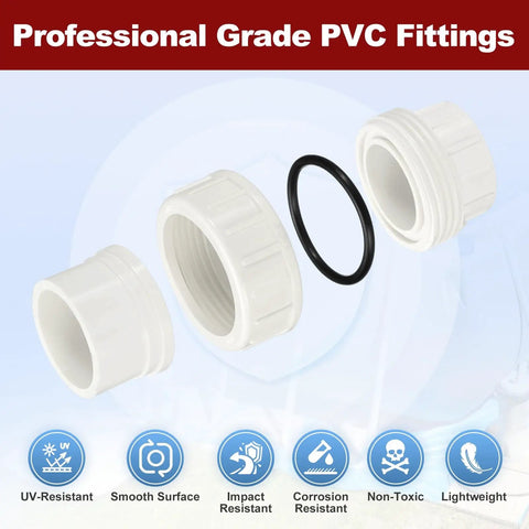 3 Pack One Half Inch PVC Union Coupling Fittings Sch 40 Socket To Socket Slip Union Adapter for pipe connection, white set, disassembled view.