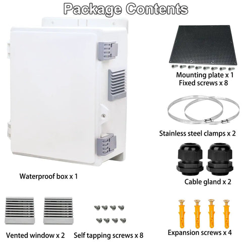 Image showing package contents of Rugged Outdoor Electrical Junction Box With Vented Design For Heat Dissipation, including mounting plate, clamps, and screws.