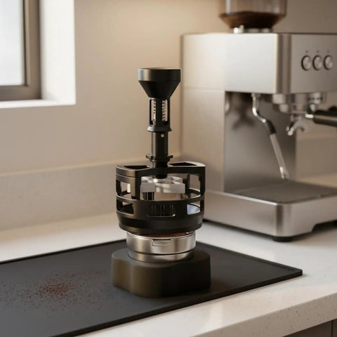 Solid Game Changer Espresso Pin Distributor And Coffee Clump Breaker Tool For Portafilter on countertop, 58 mm, black aluminum.