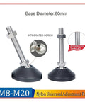 Super Stable Adjustable Leveling Feet With Swivel Base And Threaded Nylon And Steel Build For Furniture Tools Rock Solid Hold Easy Setup Tough On Rust Strong Grip Fits M8 To M20 Threads, showing integrated screw and 80mm base.
