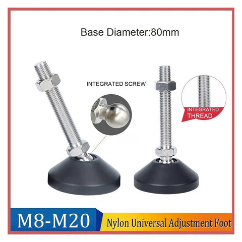 Super Stable Adjustable Leveling Feet With Swivel Base And Threaded Nylon And Steel Build For Furniture Tools Rock Solid Hold Easy Setup Tough On Rust Strong Grip Fits M8 To M20 Threads, showing integrated screw and 80mm base.