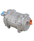 Universal 12 Volt AC Electric Compressor For RV Trucks And Cars With Separate Controller Prefilled With POE Oil Ready For A No Sweat Swap To Keep Your Rig Cool All Day Long Without The Headache side view of silver compressor with blue and orange connectors