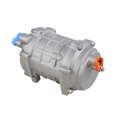 Universal 12 Volt AC Electric Compressor For RV Trucks And Cars With Separate Controller Prefilled With POE Oil Ready For A No Sweat Swap To Keep Your Rig Cool All Day Long Without The Headache side view of silver compressor with blue and orange connectors