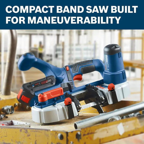 18V Compact Band Saw Bare Tool With A Lightweight 7.3 Pound Build For Tight Spaces And Overhead Cuts, on a wooden workbench.