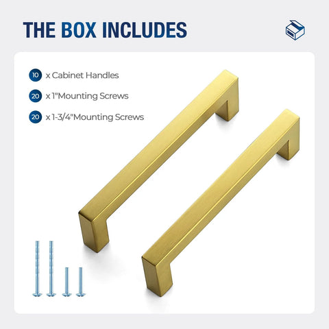 Gold Cabinet Pulls 10 Pack Five Inch Square Drawer Handles Stainless Steel Kitchen Hardware with screws.