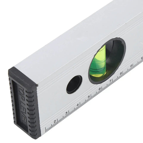 Close-up of Ycauty Spirit Level Magnetic Measuring Ruler Aluminium Alloy 500mm Silver showing bubbles and measurement markings.