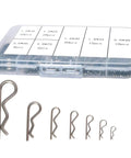 95 Piece Cotter Pins Kit With 7 Sizes Heavy Duty Stainless Steel R Clips For Trailer Hitch And Spring Fasteners Rustproof 304 Grade Hardware Essentials, shown in a plastic case with visible labels and sizes.