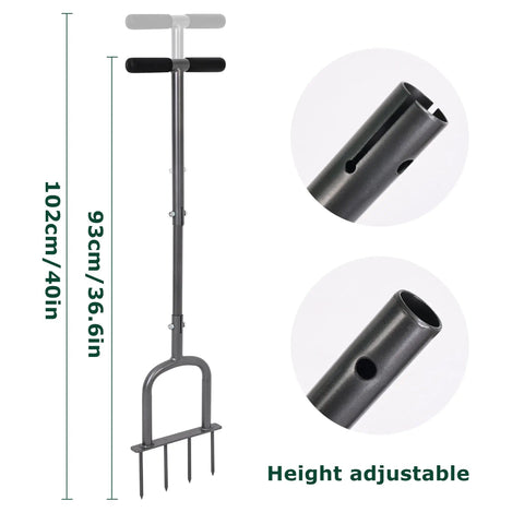 Go-To Manual Lawn Aerator For Compacted Soil Aeration With Height Adjustable Handle and Steel Spike Detail