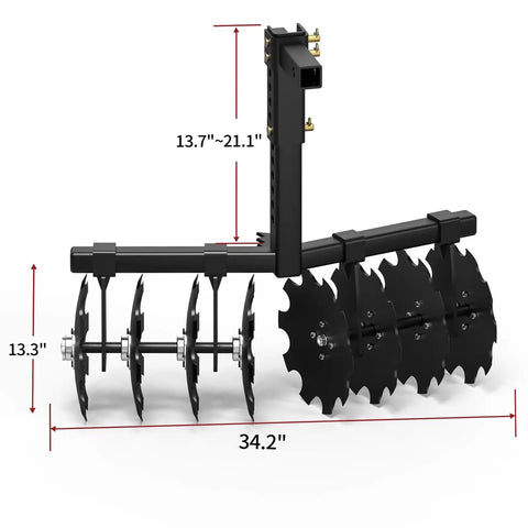Heavy Duty 32 Inch Disc Plow Harrow For ATV Tiller With 8 Durable Discs Pull Behind For Lawn Tractors With 2 Inch Receiver Adjustable Height From 13.7 To 21.1 Inches Ideal For Yard Work And Efficient Tilling, side view