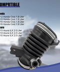 Beefy Rubber Car Air Intake Hose Tube With Three Clamps For Honda Civic ILX OEM 17225-R1A-A01 shown with compatibility list