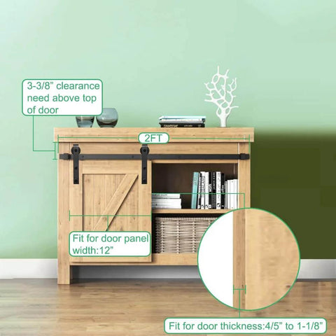2 Ft Mini Barn Door Track Kit Black For Single Door Closet Cabinet Slick Black Finish, installed on wooden cabinet