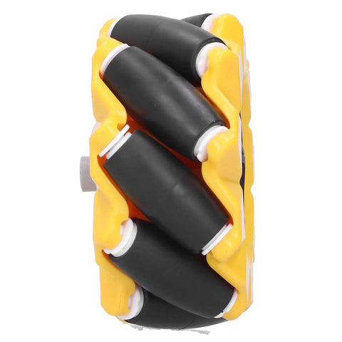 Side view of Omni Directional Mecanum Wheel Set For DIY Robot Car Projects With Grippy Rubber Coated Surface For Extra Grip Left Wheel