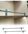Rock Solid Aluminum Shelf Brackets 2 Pack Metal Guard Rails For Floating Shelves on a wooden shelf with gray anodized finish.