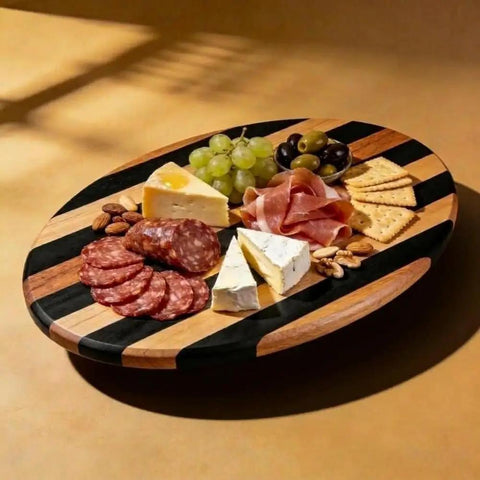 15.5 Inch Striped Walnut And Maple Round Lazy Susan Turntable for Dining Table with cheeses, olives, and crackers displayed