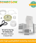 Front view of Techecook washer pulley clutch kit components: beige plastic pulley, white spacers, drive belt, spring