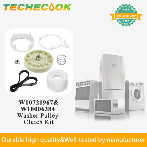Front view of Techecook washer pulley clutch kit components: beige plastic pulley, white spacers, drive belt, spring