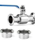 TAISHER 304 stainless steel 2.5-inch sanitary ball valve kit with blue lever and two tri-clamp ferrules.