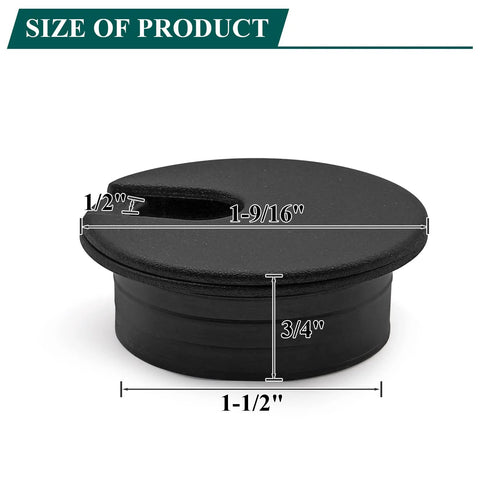 Black Desk Cable Grommets 1.5 Inch Plastic Hole Covers, Wire Organizer, side view with dimensions, ideal for office desks.