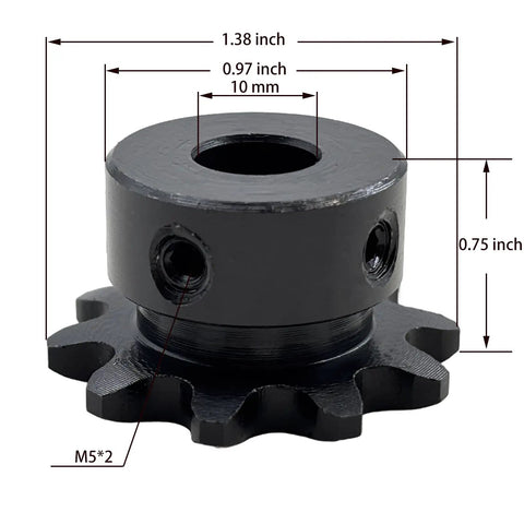 Beefy 35B10 Roller Chain Sprocket Type B 10 Tooth, Three Eighths Inch Pitch, 10mm Bore, hardened 1045 steel, no keyway, two setscrews