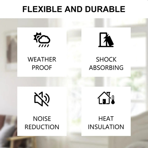Self Adhesive Door Weather Stripping Foam Tape 1x1 Inch, 6.5 Feet Long, Draft Stopper No Brainer That Blocks Cold Air, Noise Proof, Dust Proof, Heat Insulation, NBR High Density Seal For Doors And Windows showing weather proof, shock absorbing, noise reduction, heat insulation