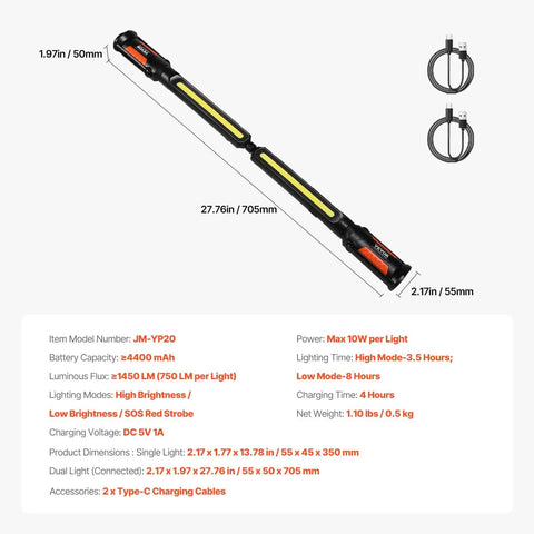 Cordless Mechanic Work Bar With Magnetic Base, 1450 Lumens Ultra Bright LED Underhood Light, dimensions and accessories