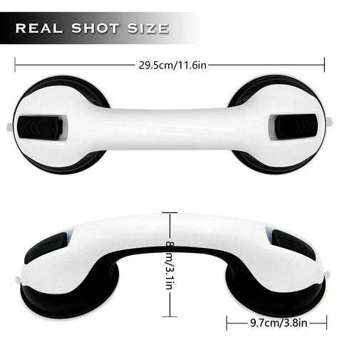 Ultra Secure Shower Grab Bar With Strong Suction Cups, 12 Inch Safety Handle shown with measurements, tool-free install.